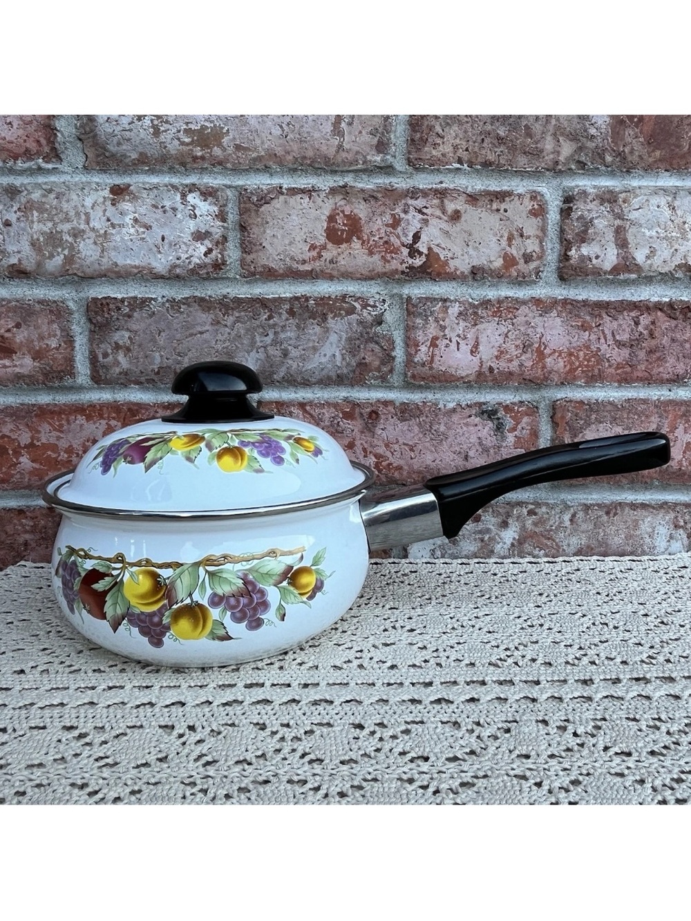 Vintage PIC Enamel Cookware Saucepan With Lid White Floral Black Handle Smoke